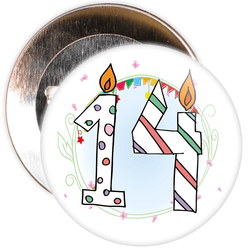 14th Birthday Badge with Candles and Blue Background