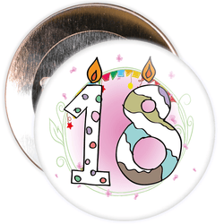 18th Birthday Badge with Candles and Pink Background