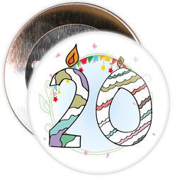 20th Birthday Badge with Candles and Blue Background