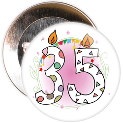 35th Birthday Badge with Candles and Pink Background
