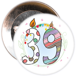39th Birthday Badge with Candles and Blue Background