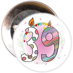 39th Birthday Badge with Candles and Pink Background