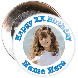 White & Blue Customisable Birthday Photo Badge