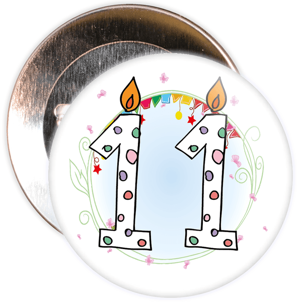 11th Birthday Badge with Candles and Blue Background