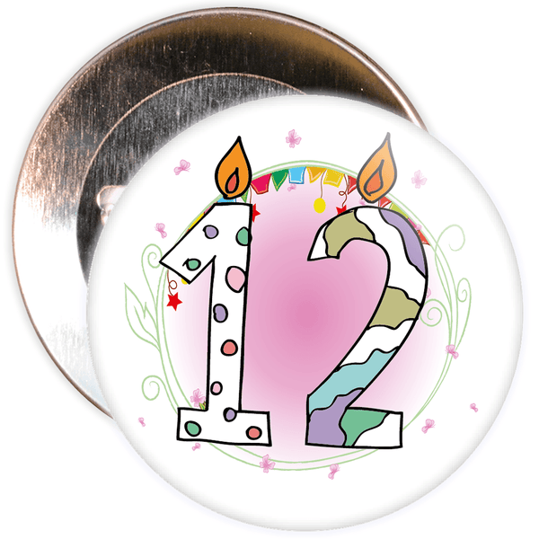 12th Birthday Badge with Candles and Pink Background