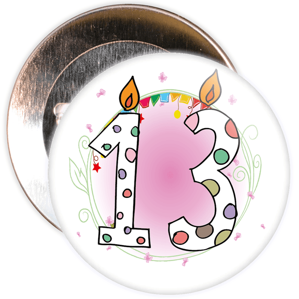 13th Birthday Badge with Candles and Pink Background