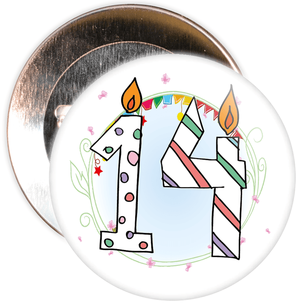 14th Birthday Badge with Candles and Blue Background