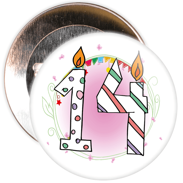 14th Birthday Badge with Candles and Pink Background