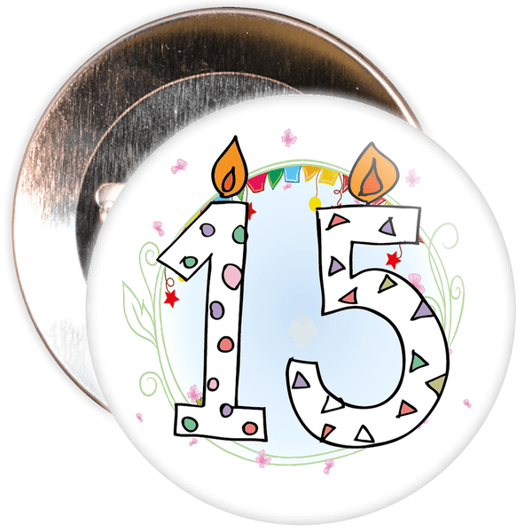 15th Birthday Badge with Candles and Blue Background