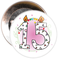 15th Birthday Badge with Candles and Pink Background