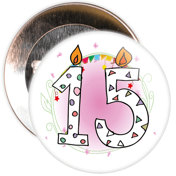 15th Birthday Badge with Candles and Pink Background