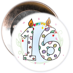 16th Birthday Badge with Candles and Blue Background