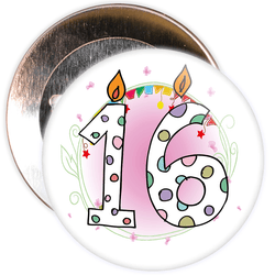 16th Birthday Badge with Candles and Pink Background