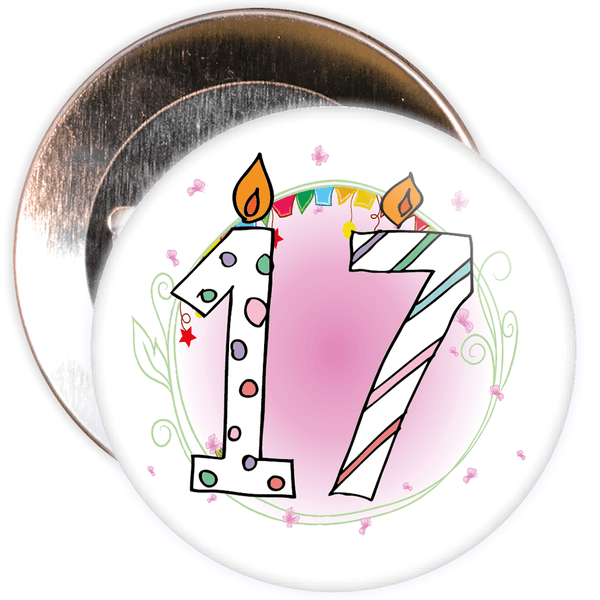 17th Birthday Badge with Candles and Pink Background