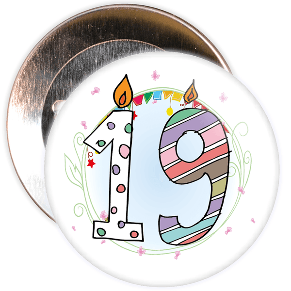 19th Birthday Badge with Candles and Blue Background