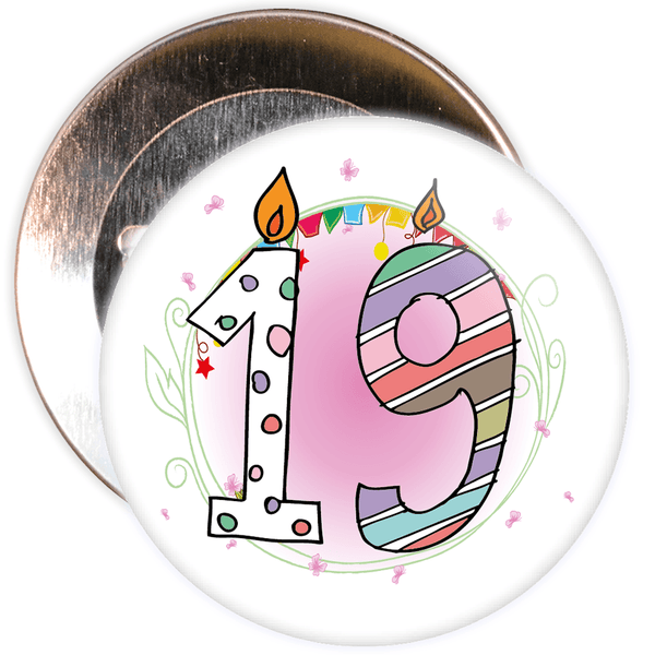 19th Birthday Badge with Candles and Pink Background