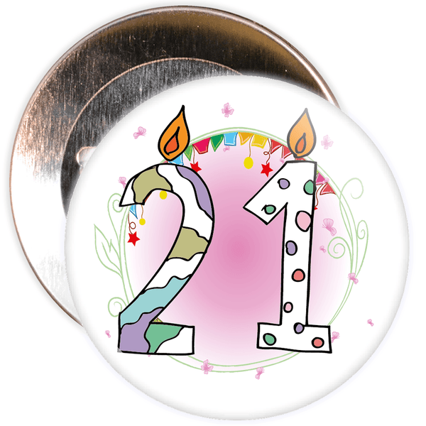 21st Birthday Badge with Candles and Pink Background