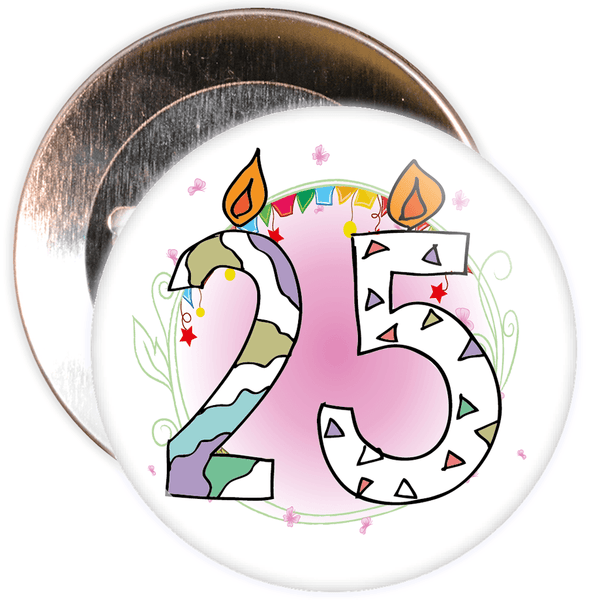 25th Birthday Badge with Candles and Pink Background