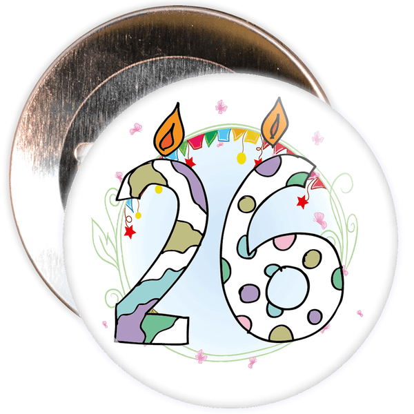 26th Birthday Badge with Candles and Blue Background