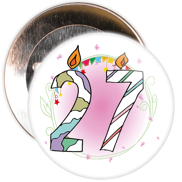 27th Birthday Badge with Candles and Pink Background