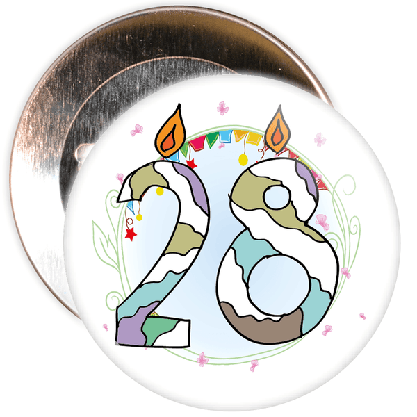28th Birthday Badge with Candles and Blue Background