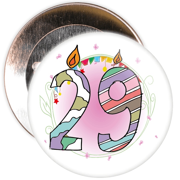 29th Birthday Badge with Candles and Pink Background