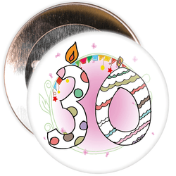 30th Birthday Badge with Candles and Pink Background