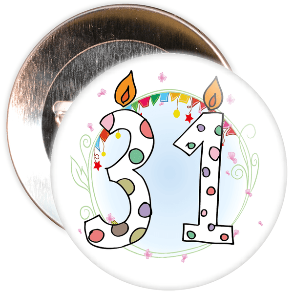 31st Birthday Badge with Candles and Blue Background