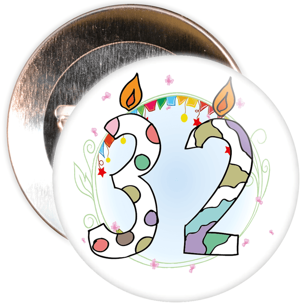 32nd Birthday Badge with Candles and Blue Background