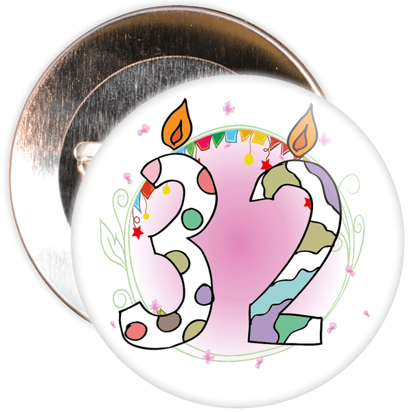 32nd Birthday Badge with Candles and Pink Background