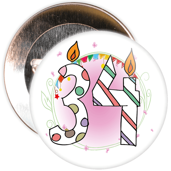 34th Birthday Badge with Candles and Pink Background