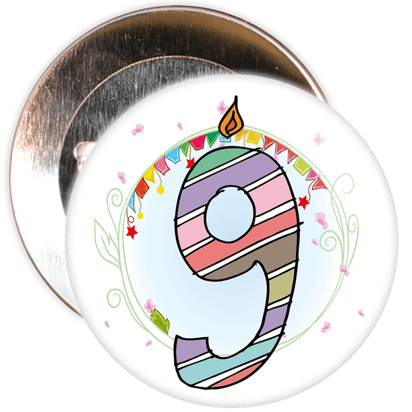 9th Birthday Badge with Candles and Blue Background