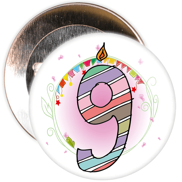 9th Birthday Badge with Candles and Pink Background
