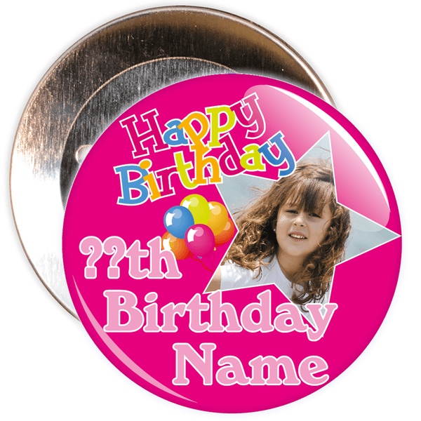 Pink Customisable Birthday Photo Badge