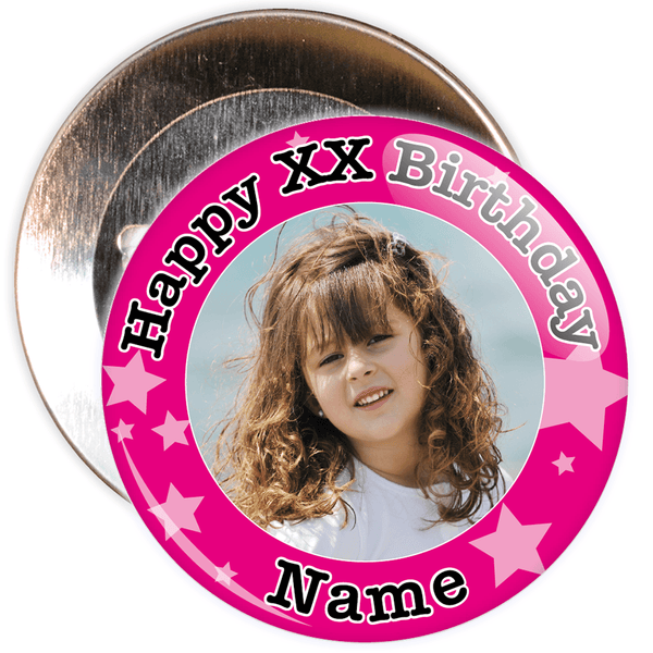 Pink Stars Customisable Birthday Photo Badge