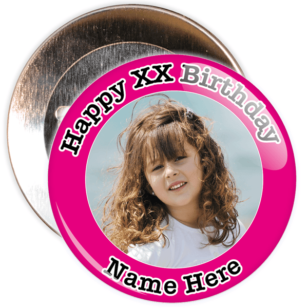 Pink Customisable Birthday Photo Badge