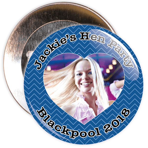 Customisable Blue Hen Party Heart Photo Badge