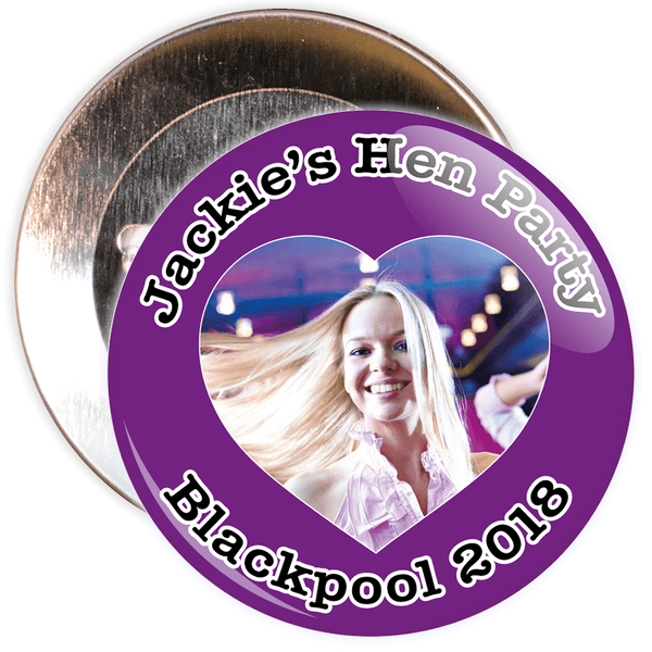 Customisable Purple Hen Party Heart Photo Badge