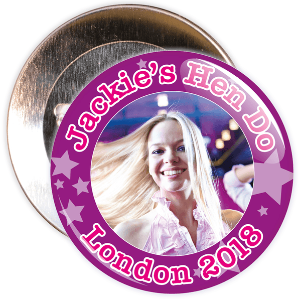 Customisable Purple Stars Hen Party Photo Badge